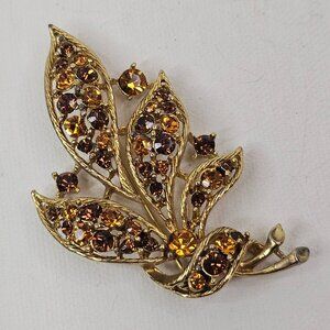 Vintage Lisner Gold Tone Bouquet Leaves Brooch Rhinestone Autumn Colors Pin